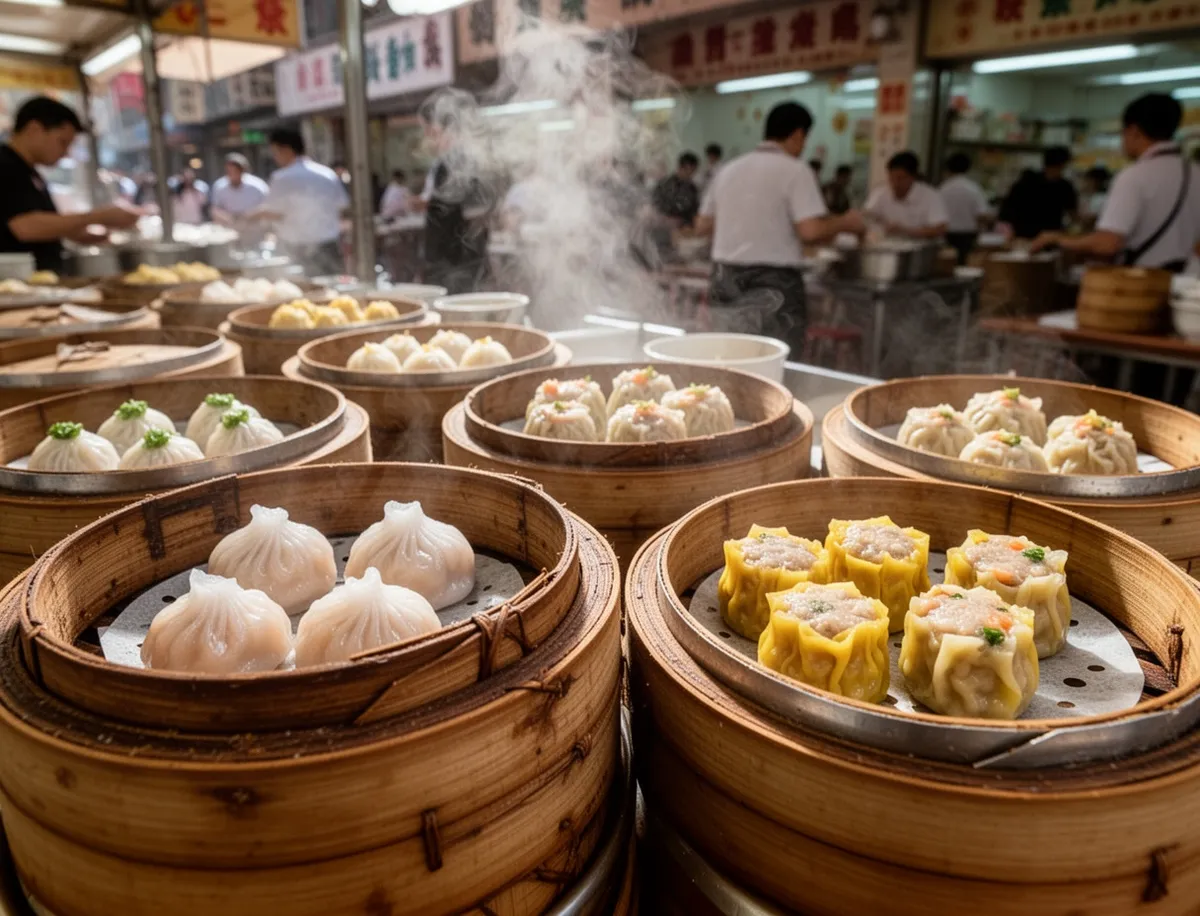 Bambusowe parowarki z dim sum w restauracji w Hongkongu
