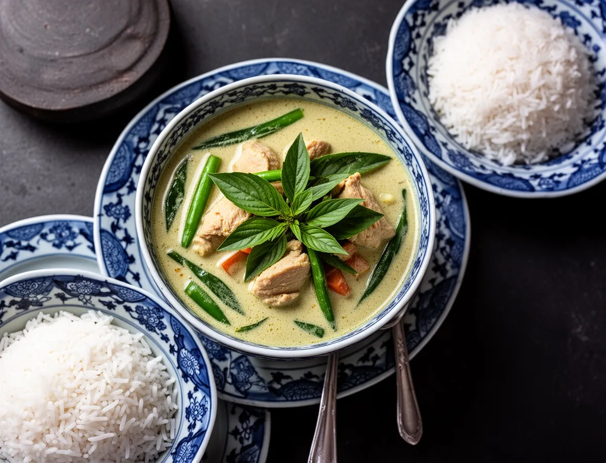 Tajskie zielone curry z kurczakiem i bazylią w tradycyjnej misce