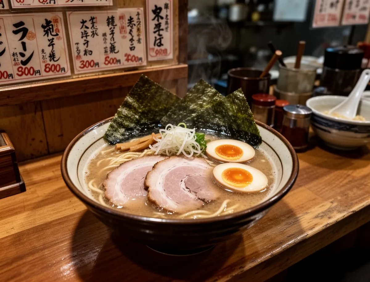 Japoński ramen tonkotsu z wieprzowiną i jajkiem, zdjęcie z lady restauracji w Tokio