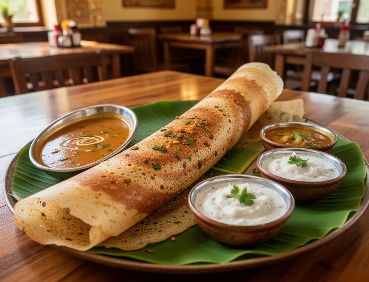 Chrupiąca masala dosa na liściu bananowca z sosami w południowoindyjskiej restauracji