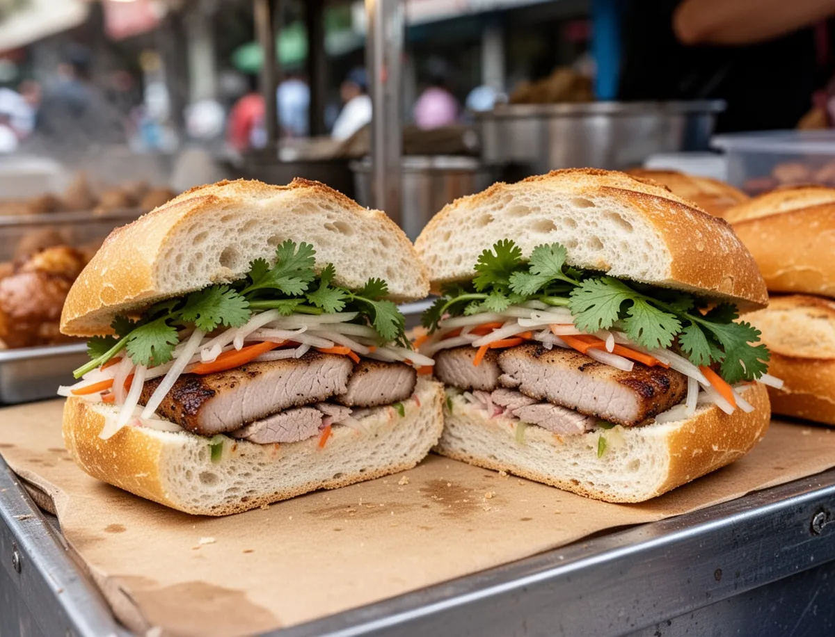 Przekrojona wietnamska kanapka banh mi z grillowaną wieprzowiną na ulicznym stoisku