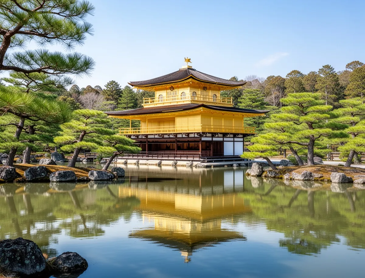 Złoty Pawilon Kinkaku-ji odbijający się w stawie