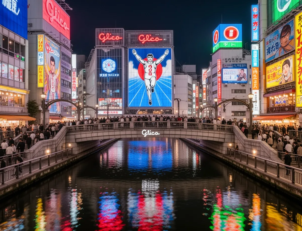Kanał Dotonbori nocą z neonami Glico Man
