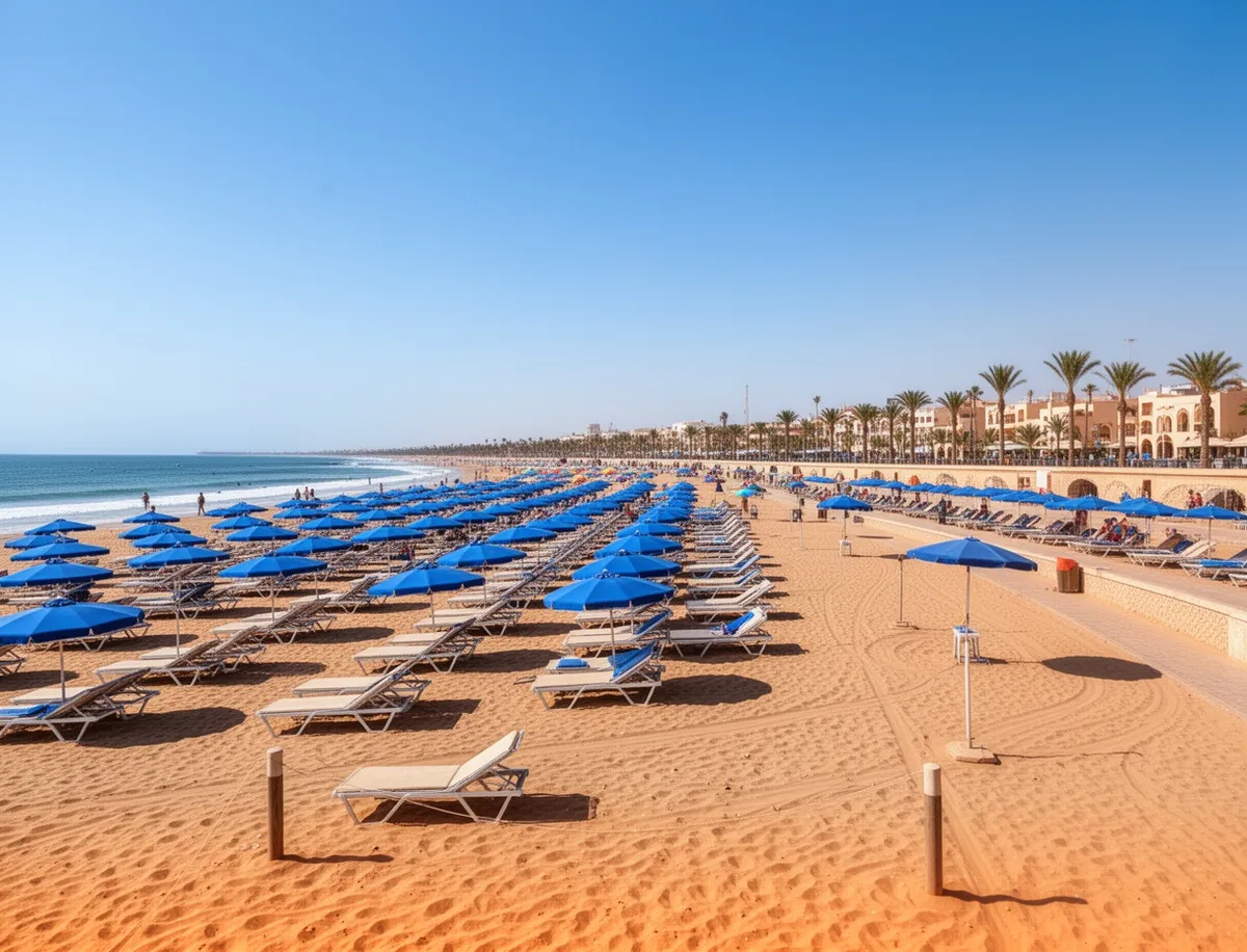 Plaża miejska w Agadirze z leżakami i parasolami