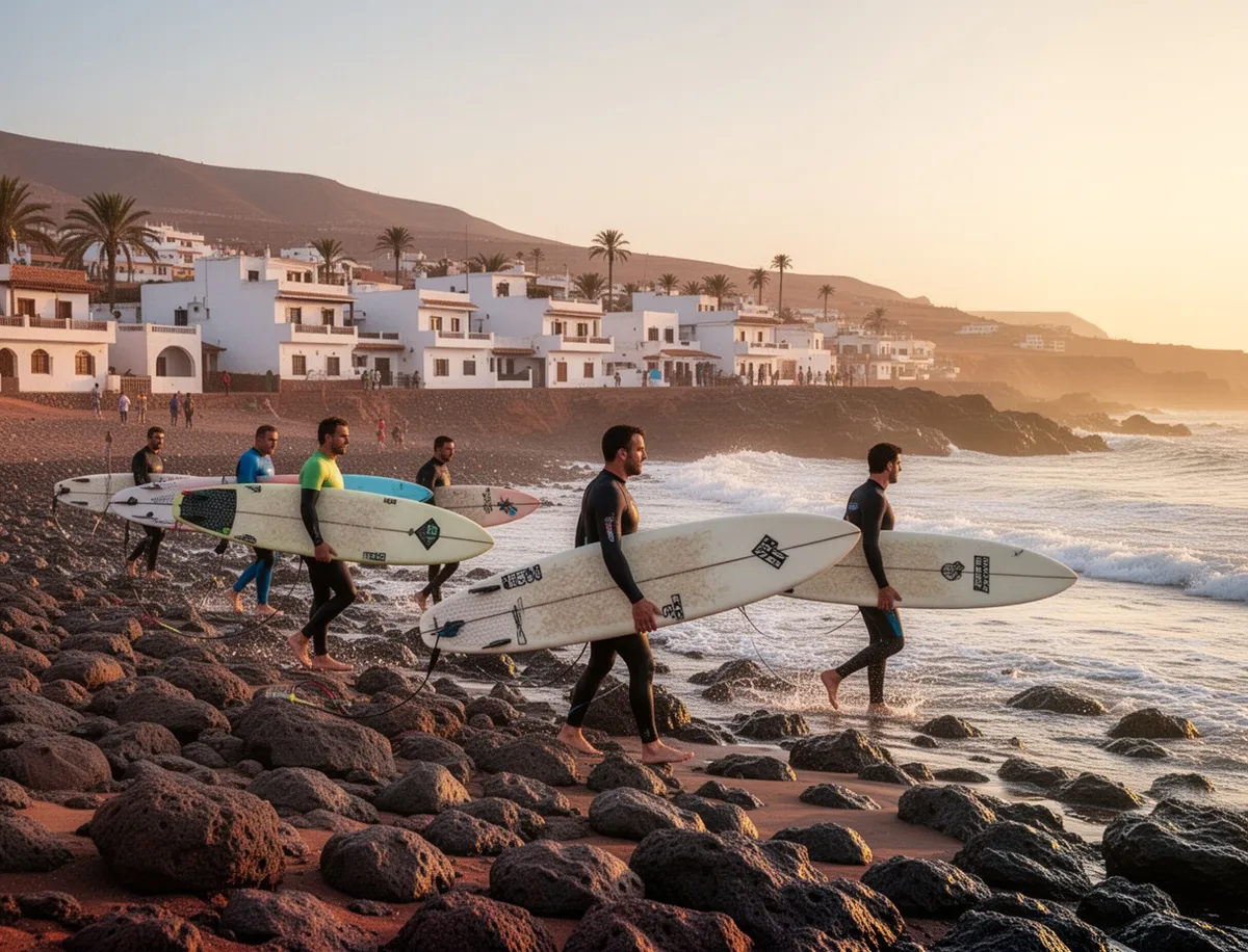 Surferzy na plaży w Taghazout