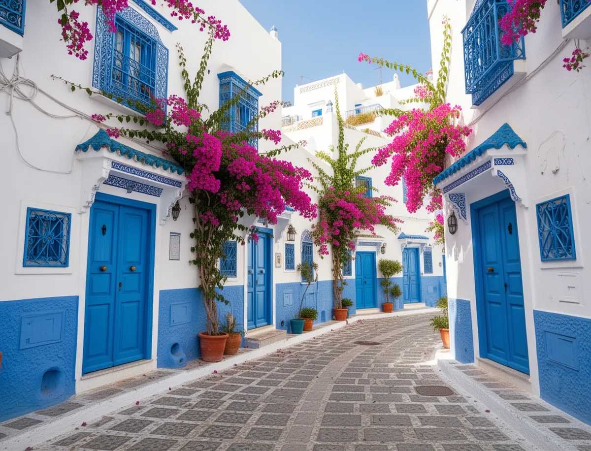 Białe i niebieskie domy w Sidi Bou Said z bugenwillą