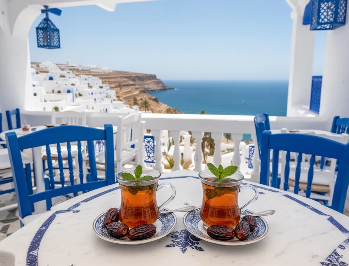 Kawiarniany taras w Sidi Bou Said z widokiem na morze