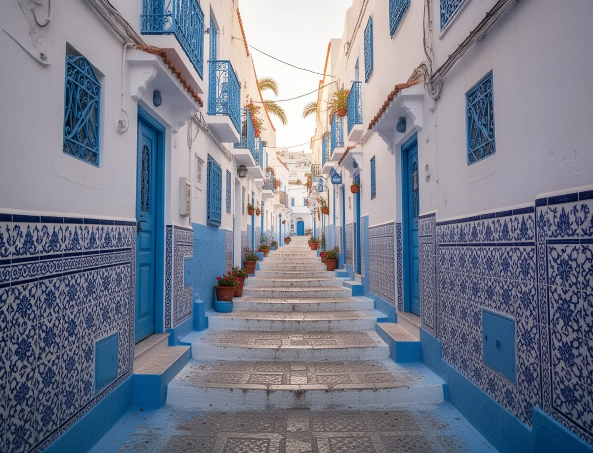 Wąskie schody w Sidi Bou Said z dekoracyjnymi płytkami