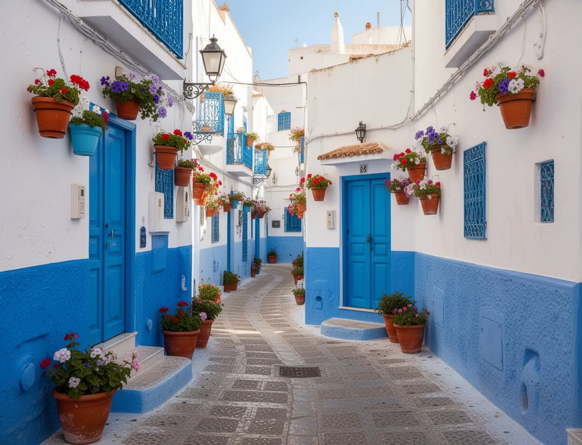 Wąska niebiesko-biała uliczka w Sidi Bou Said