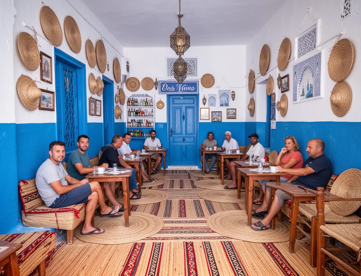 Wnętrze kawiarni Café des Nattes z tradycyjnymi matami