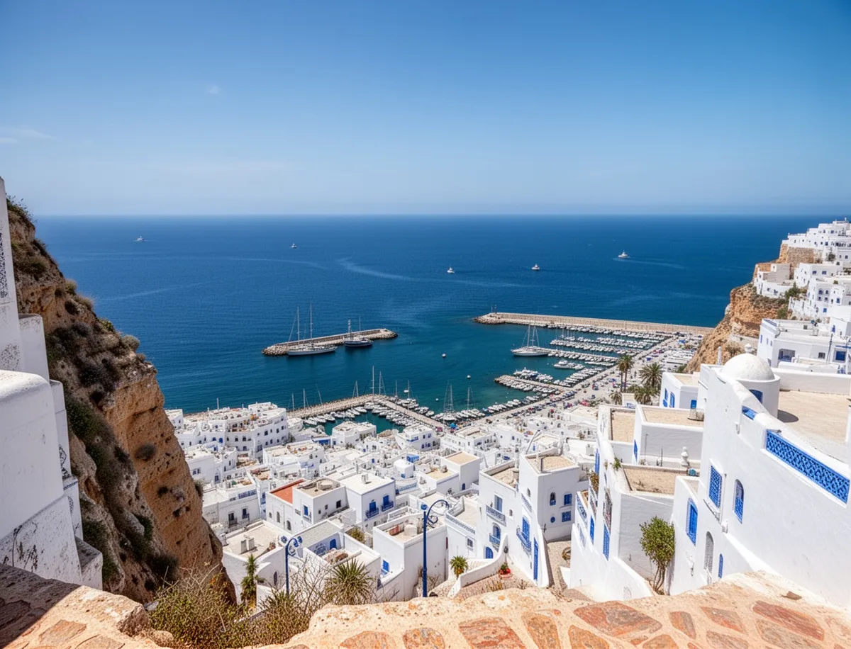 Panorama na marinę i morze z klifu w Sidi Bou Said