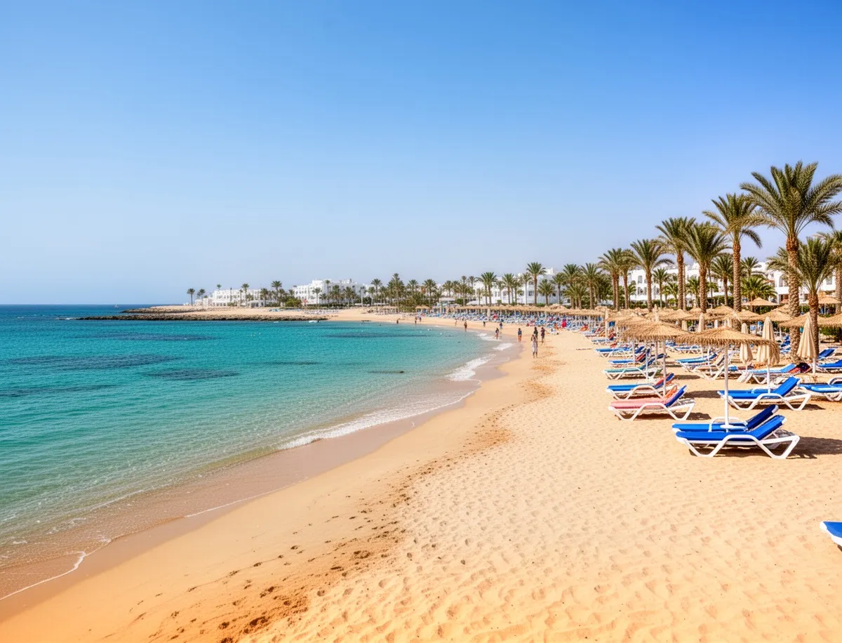 Plaża w Yasmine Hammamet z białym piaskiem i leżakami