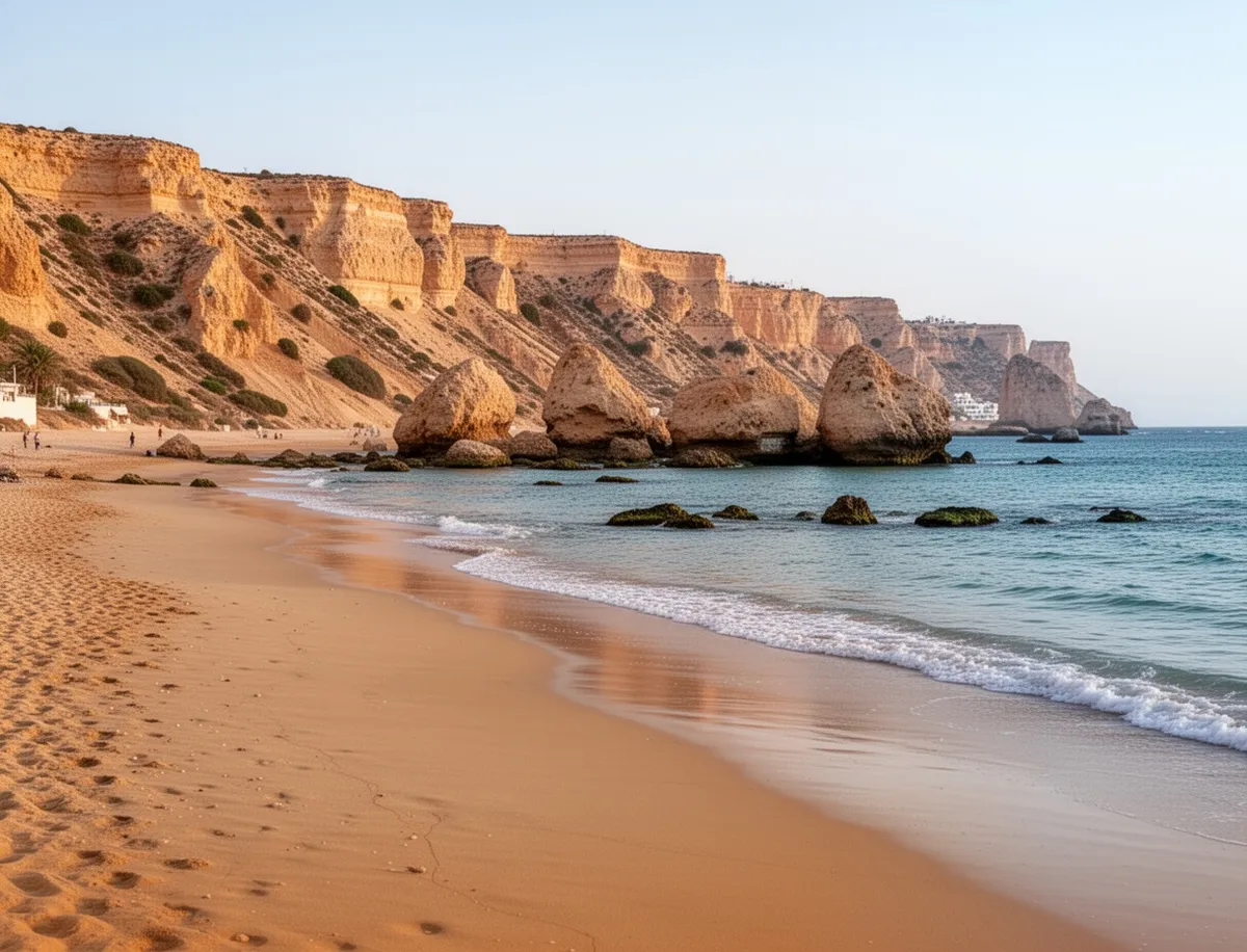 Plaża Maamoura z klifami w tle