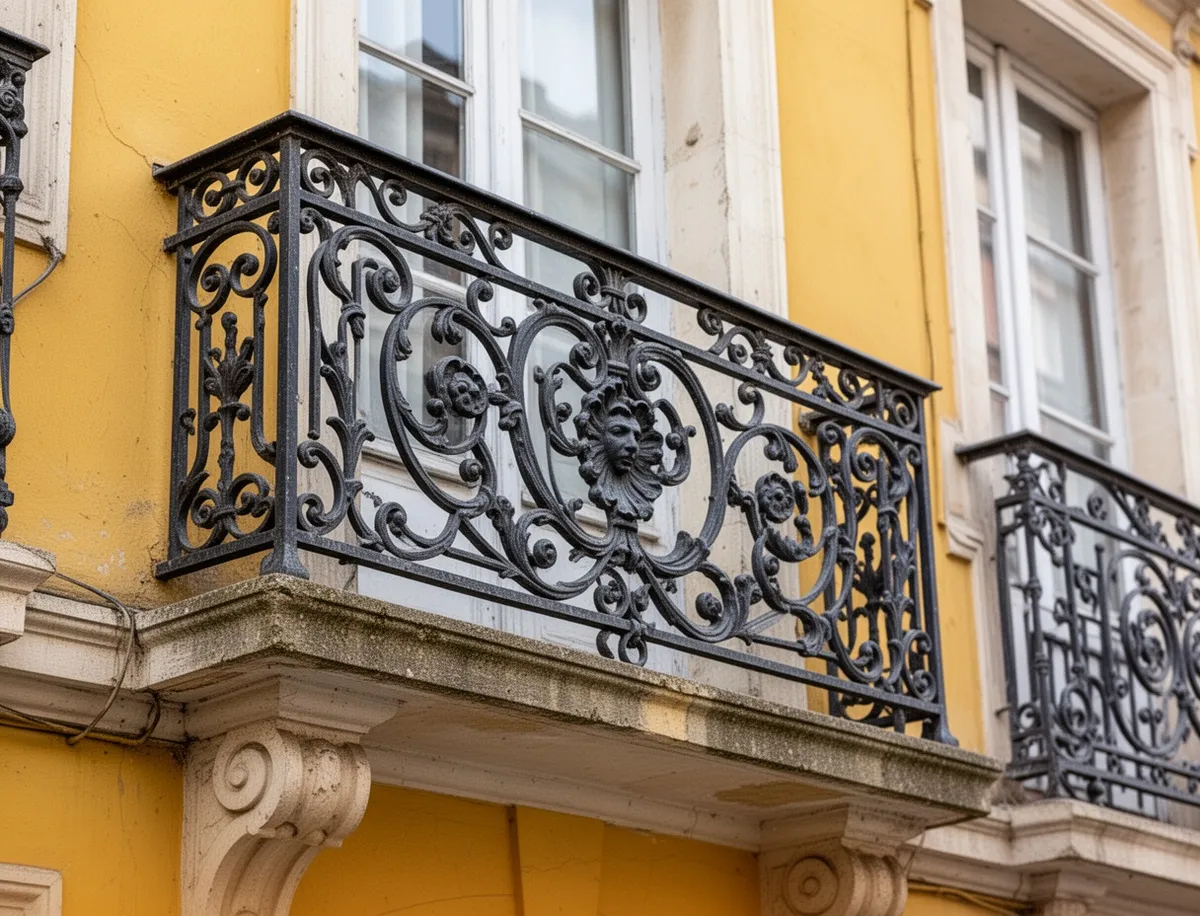 Detal balustrady z kutego żelaza na żółtej elewacji