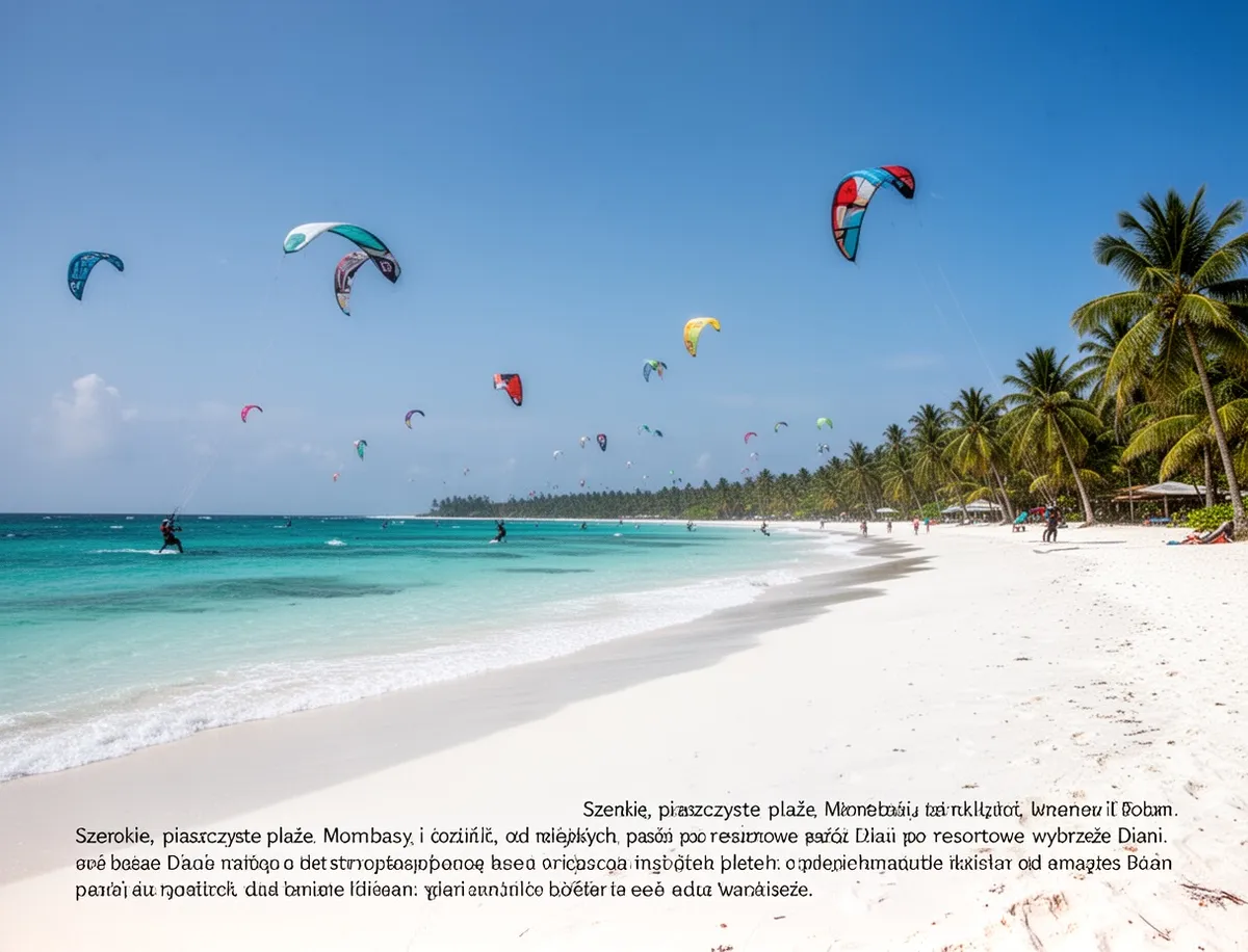 Diani Beach z białym piaskiem i turkusową wodą