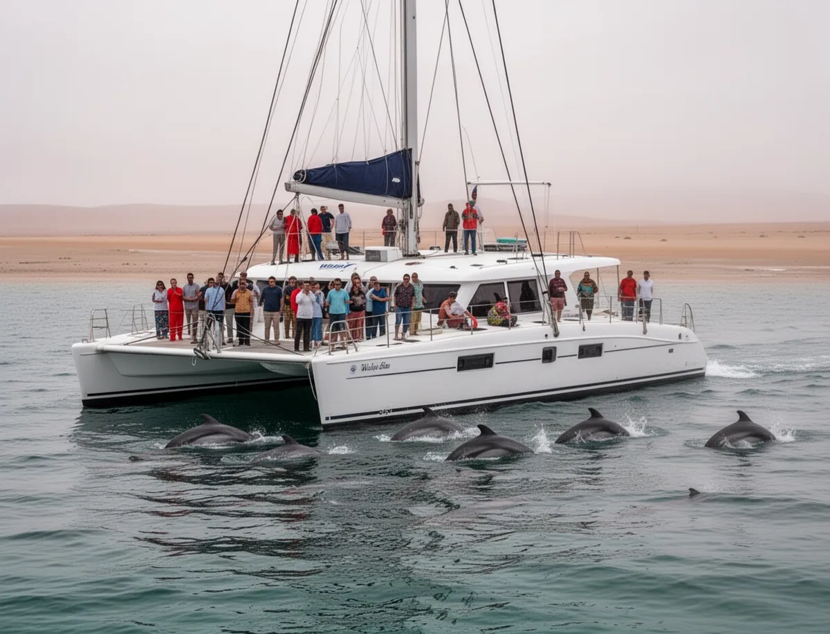 Turyści na rejsie katamaranem w Walvis Bay z delfinami obok łodzi