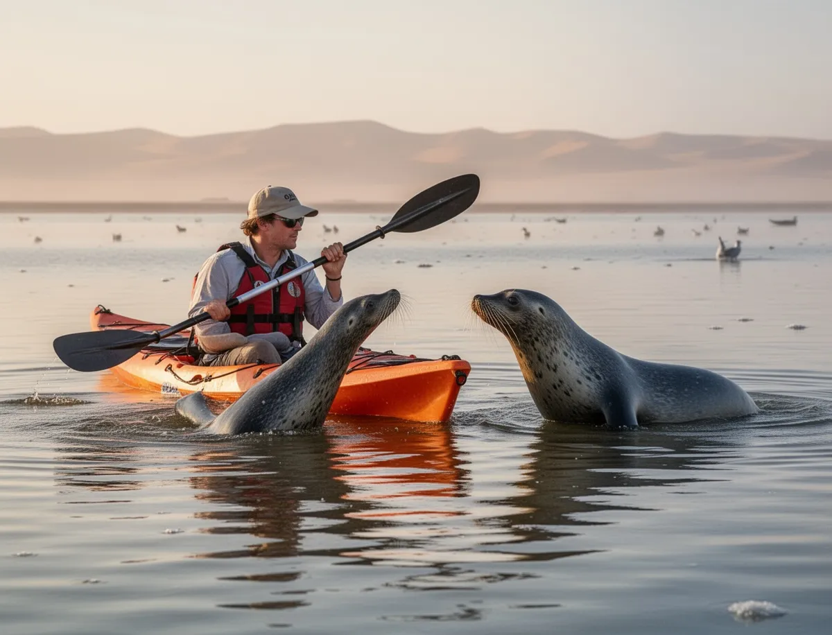 Turysta kajakujący w zatoce Walvis Bay z ciekawską foką