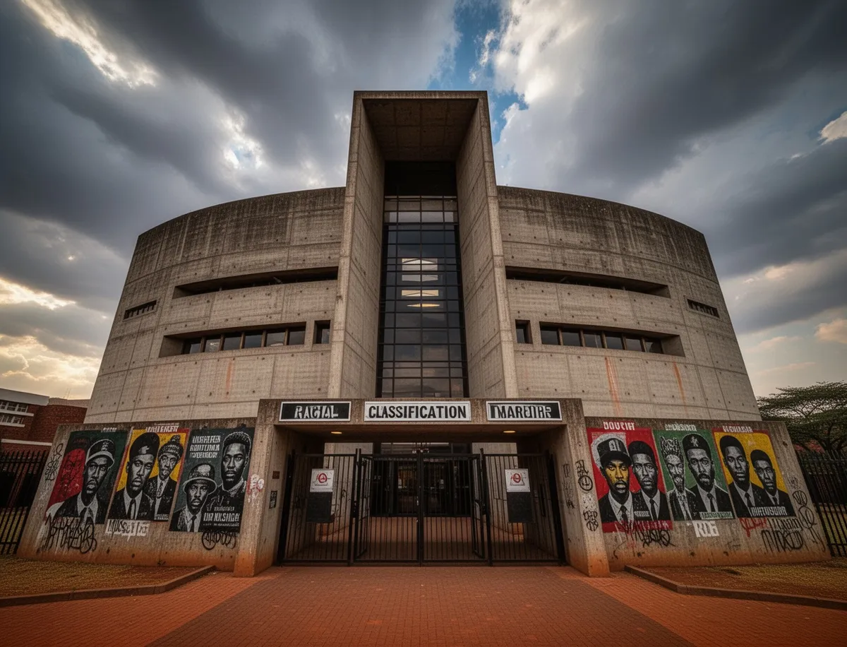 Wejście do Muzeum Apartheidu w Johannesburgu z symbolicznymi znakami segregacji rasowej