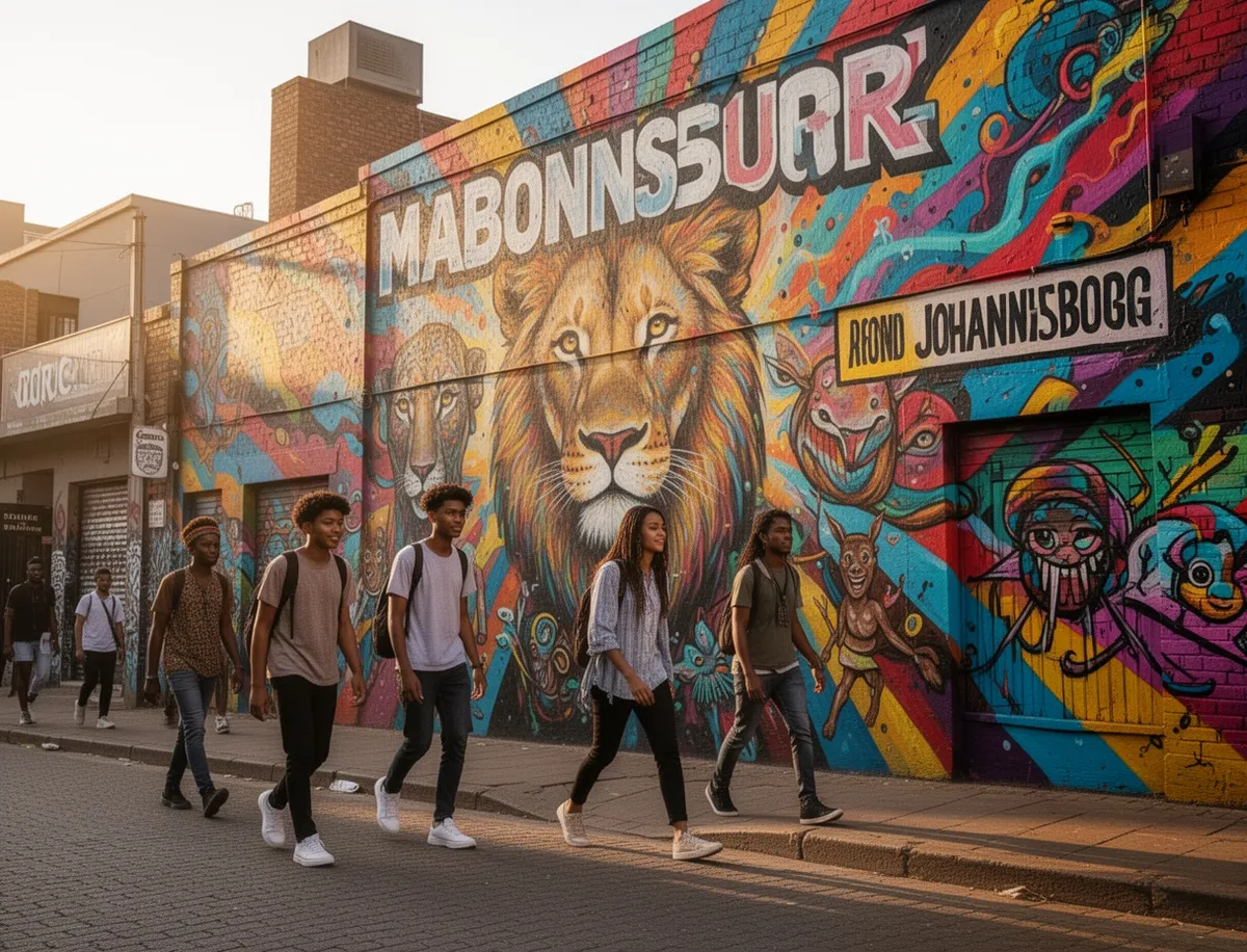 Kolorowe murale i przechodnie w dzielnicy Maboneng w Johannesburgu