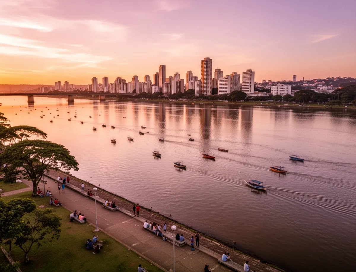 Lotniczy widok na Guaíba i panoramę Porto Alegre o zachodzie słońca