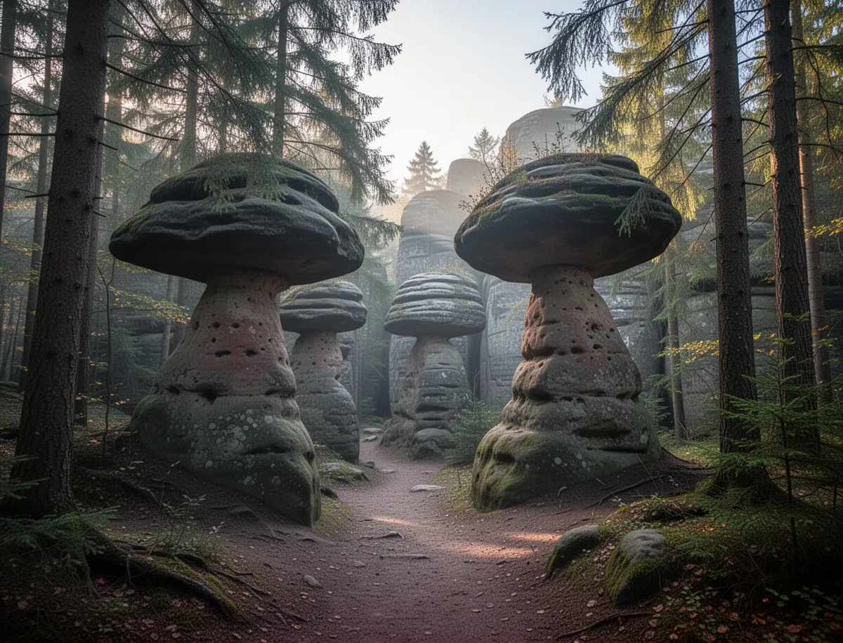 Formacje Skalnych Grzybów w lesie Gór Stołowych