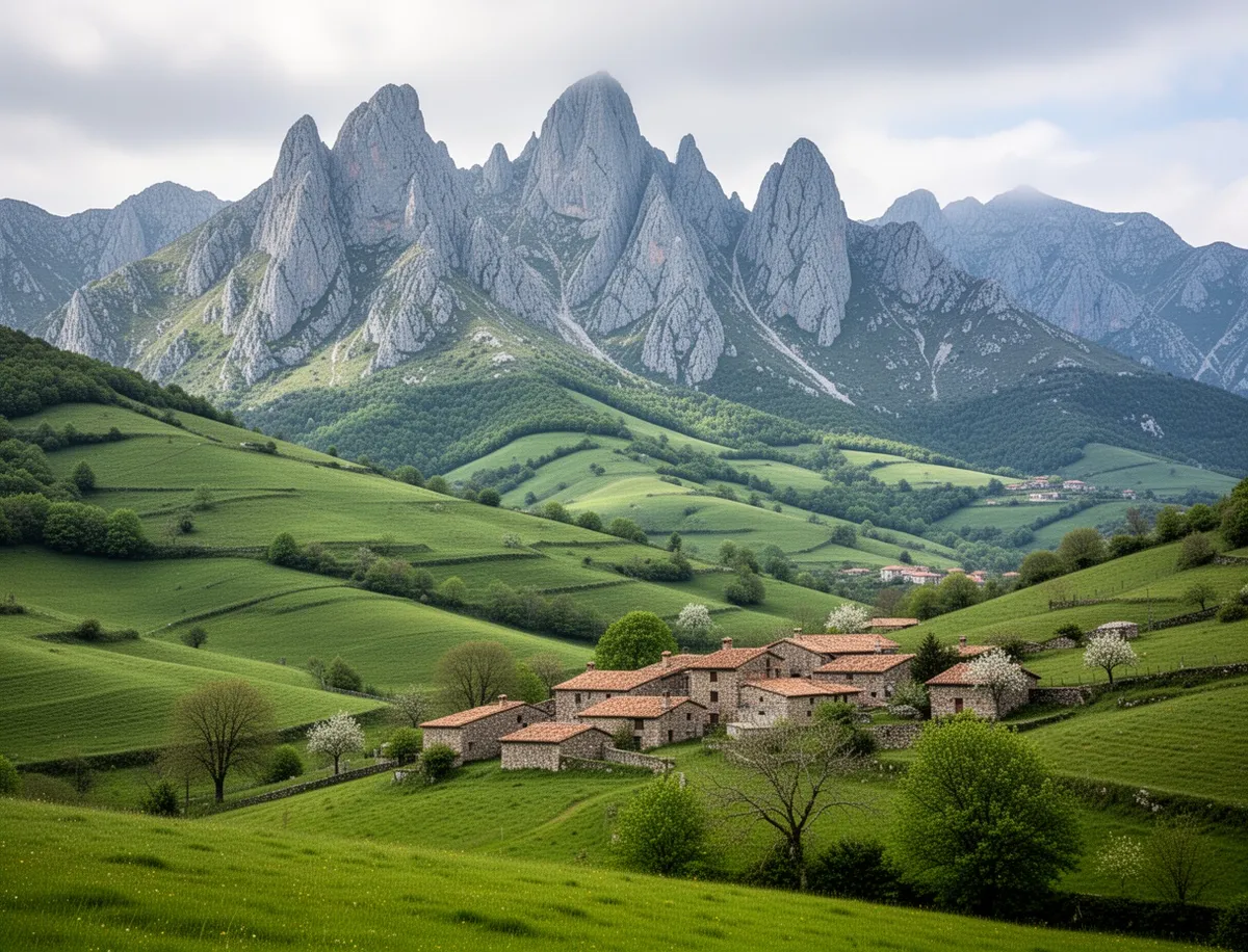 Zielone wzgórza i wapienne szczyty Picos de Europa z kamienną wioską w dolinie