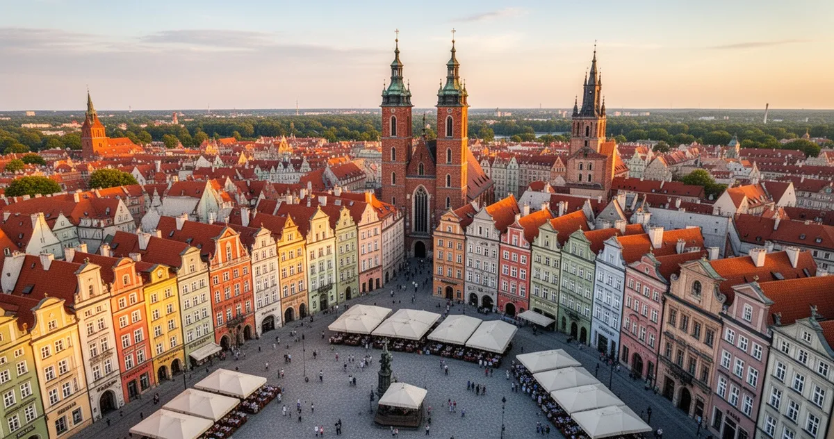Panorama polskiego starego miasta z kolorowymi kamienicami i kościelnymi wieżami
