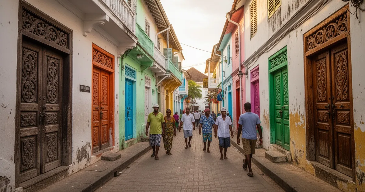 Ulica Stone Town na Zanzibarze z rzeźbionymi drzwiami