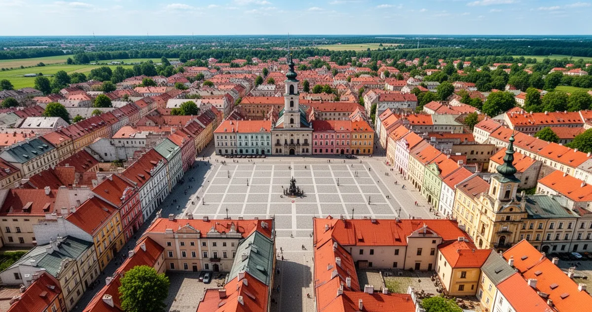 Widok z lotu ptaka na Stare Miasto w Zamościu z widocznym geometrycznym układem ulic
