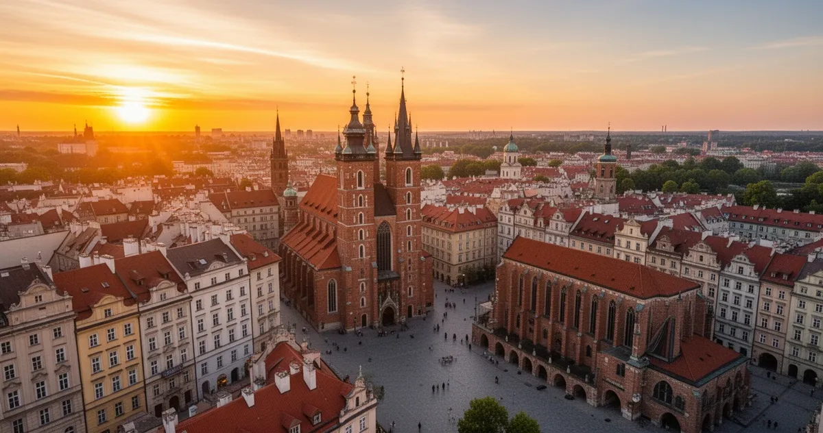 Stare Miasto w Krakowie o zachodzie słońca