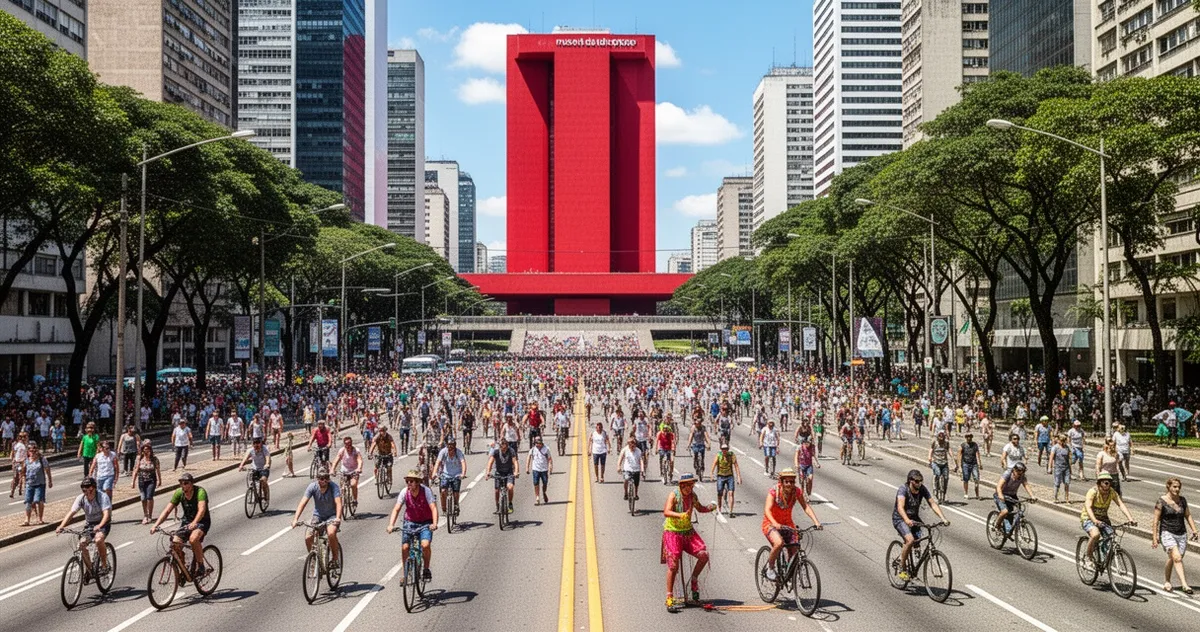Tętniąca życiem Avenida Paulista w niedzielę, w tle budynek MASP