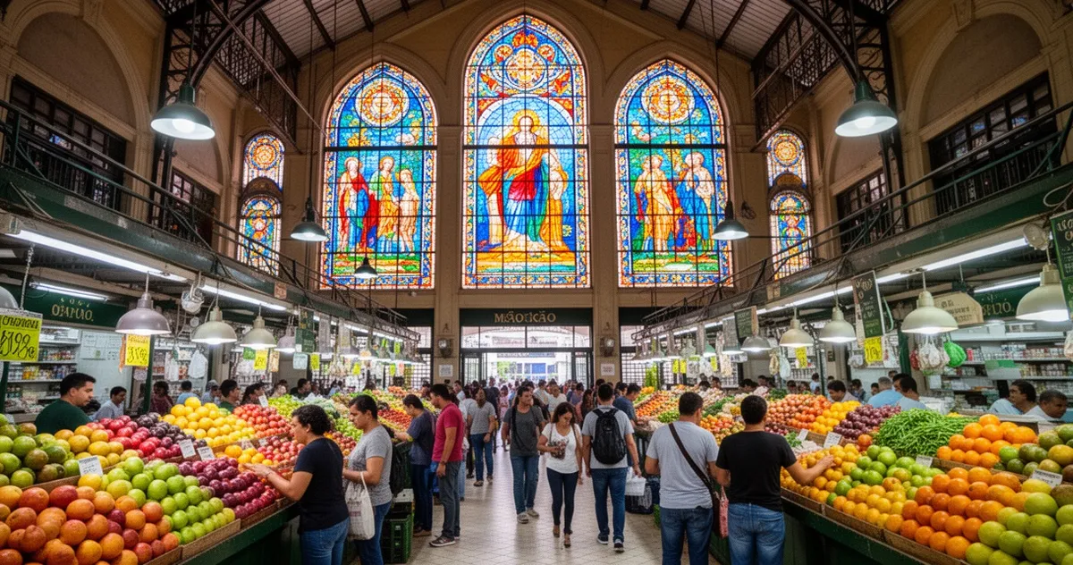 Wnętrze Mercado Municipal z witrażami i stoiskami z owocami