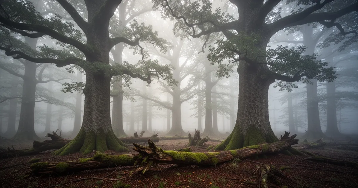 Puszcza Białowieska we mgle o poranku