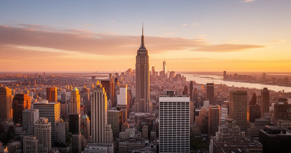 Panorama Manhattanu o zachodzie słońca z widocznym Empire State Building