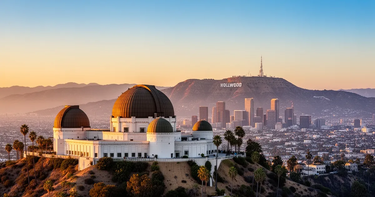Obserwatorium Griffitha o zachodzie słońca z widokiem na znak Hollywood