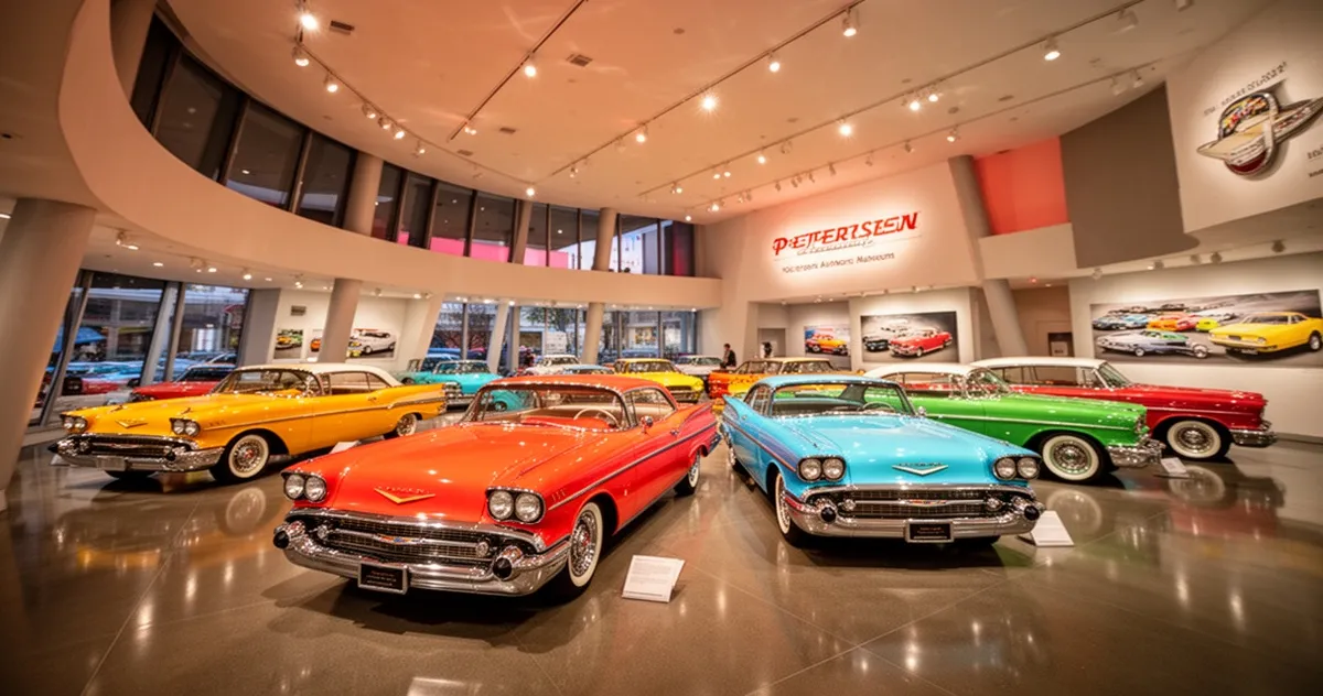 Wnętrze Petersen Automotive Museum z kolekcją samochodów