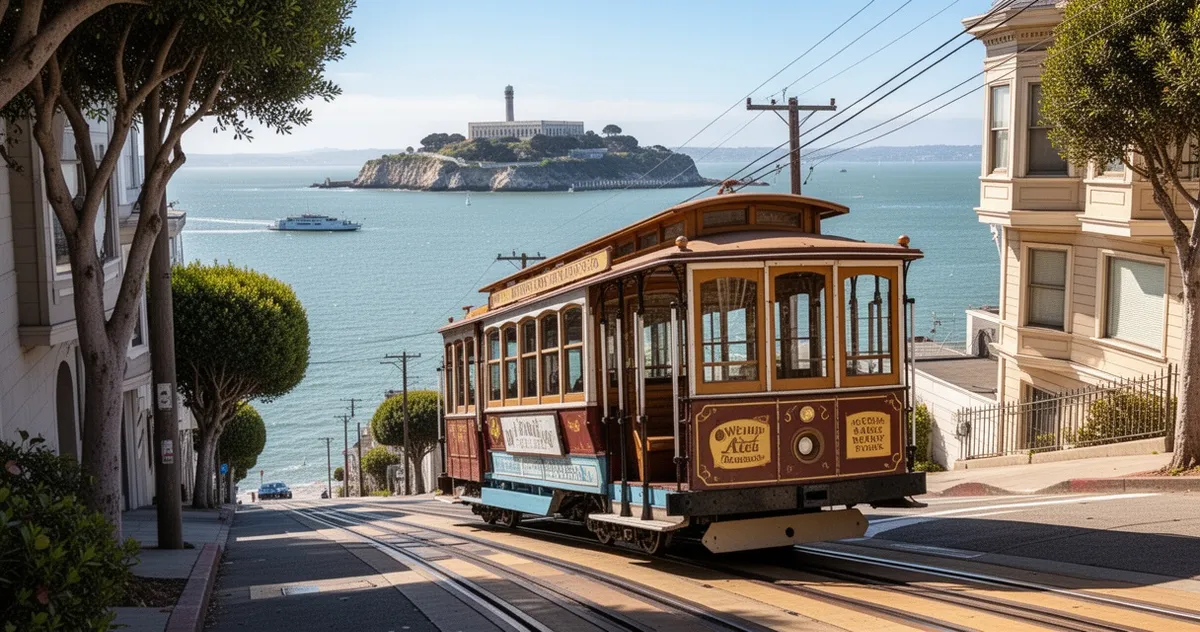 Zabytkowy tramwaj linowy w San Francisco na tle zatoki
