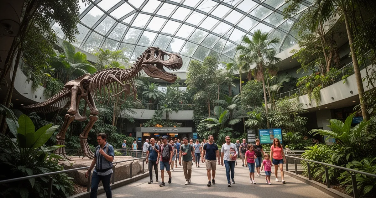 Wnętrze California Academy of Sciences z szkieletem dinozaura i lasem deszczowym