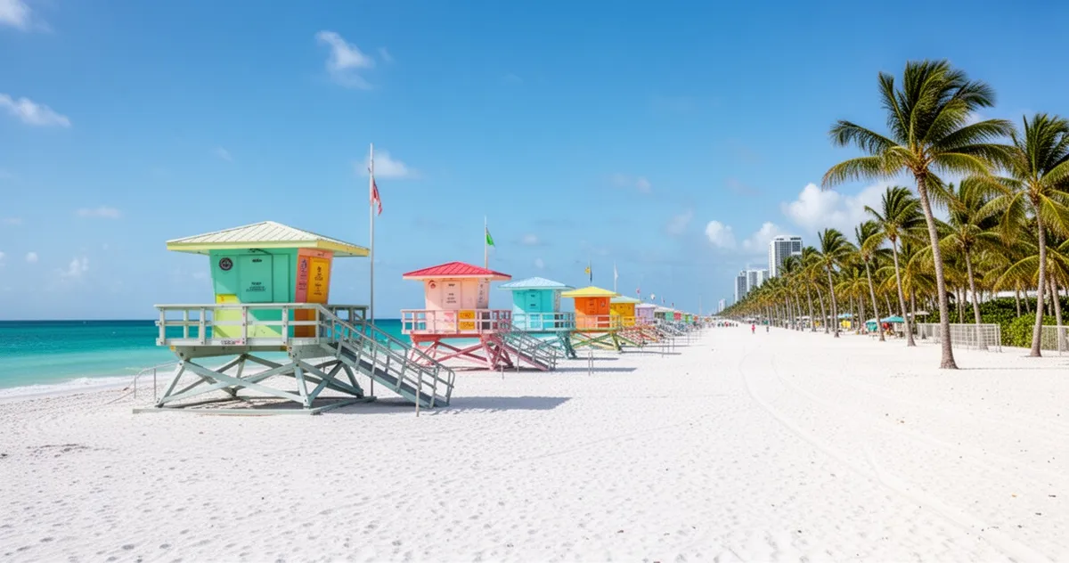 Szeroki kadr plaży South Beach w Miami z kolorowymi wieżami ratowników, białym piaskiem i palmami