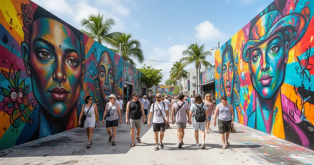 Turyści spacerujący wśród wielkich kolorowych murali w Wynwood Walls w Miami