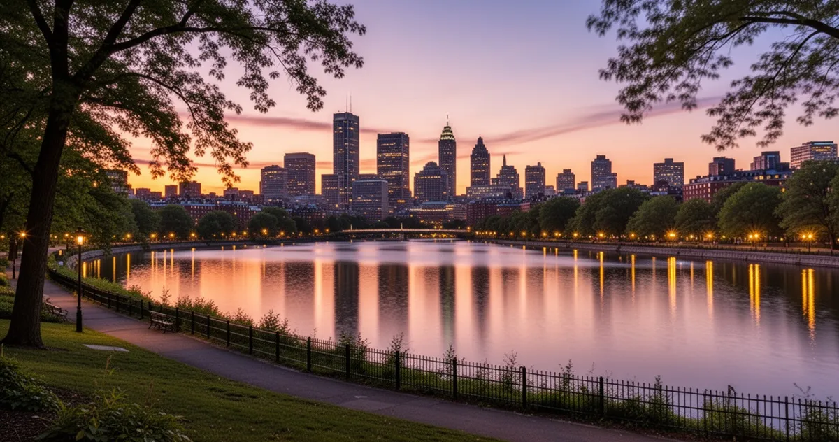 Panorama Bostonu znad rzeki Charles o zachodzie słońca