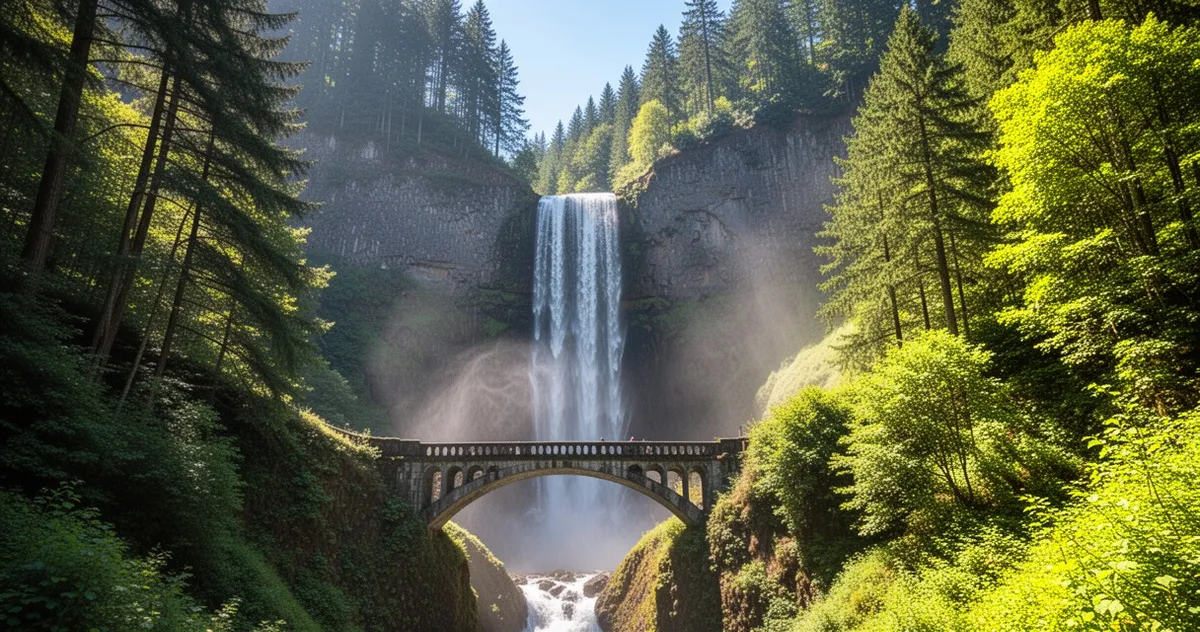 Multnomah Falls w słoneczny dzień z mostem na pierwszym planie