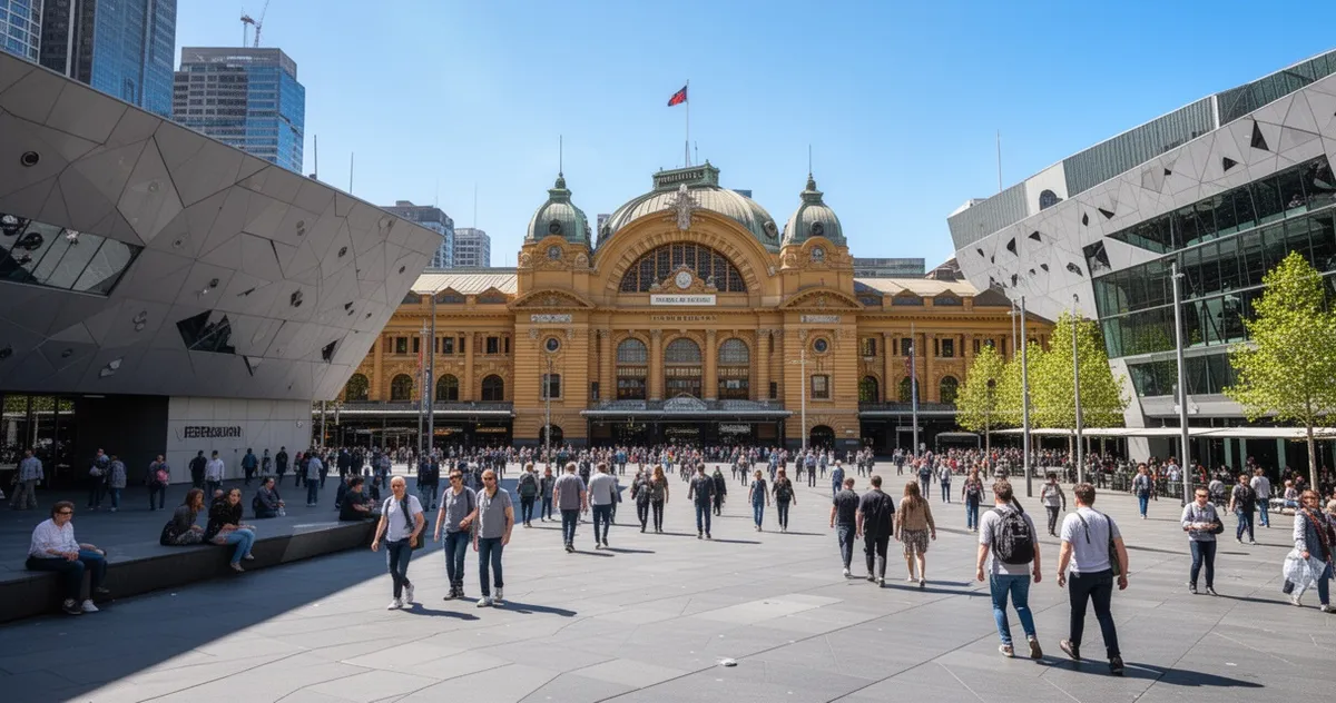 Plac Federation Square i dworzec Flinders Street Station w tle