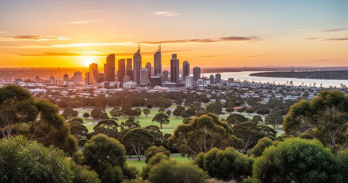 Panorama Perth z Kings Park o zachodzie słońca