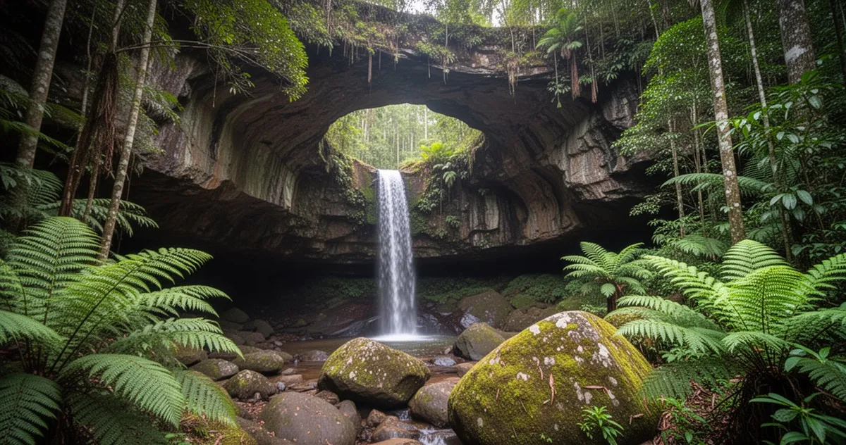 Naturalny most skalny z wodospadem w Springbrook National Park