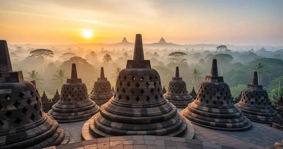 Borobudur o wschodzie słońca