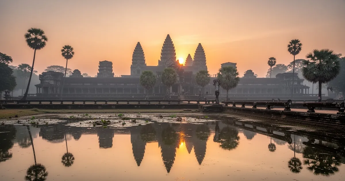 Angkor Wat o świcie – odbicie świątyni w basenie