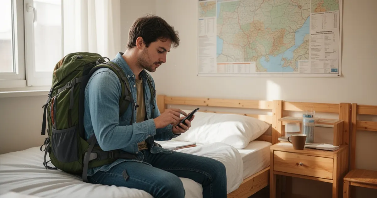 Backpacker planujący budżet w hostelu