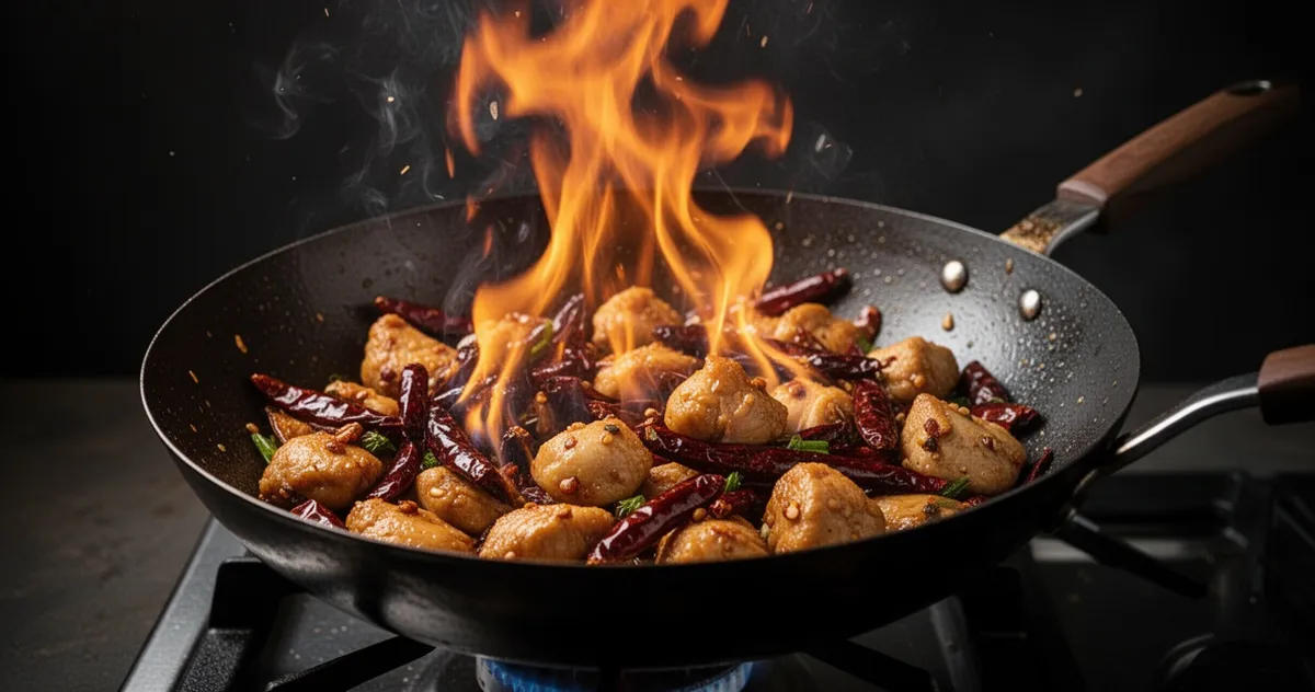 Smażenie kurczaka Kung Pao w woku, w płomieniach, z papryczkami chili