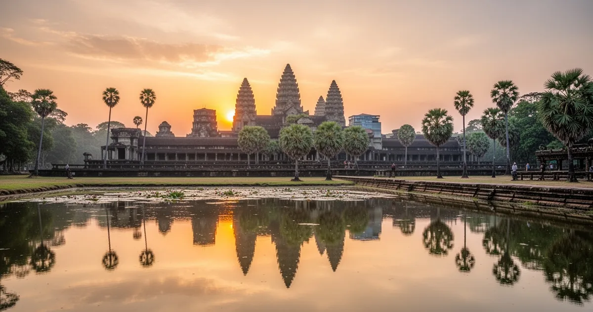 Widok na Angkor Wat o wschodzie słońca z symetrycznym odbiciem w wodzie